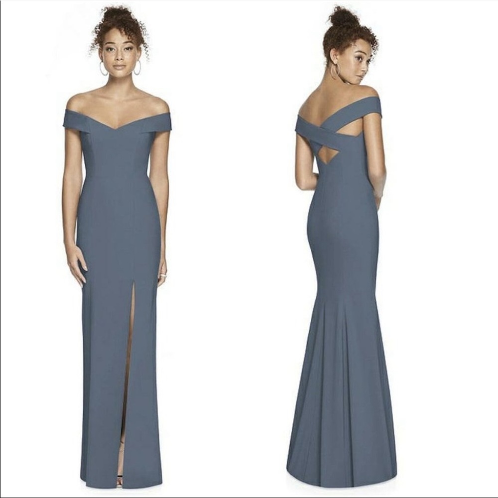 Off-the-Shoulder Criss Cross Back Trumpet Gown Dessy Collection